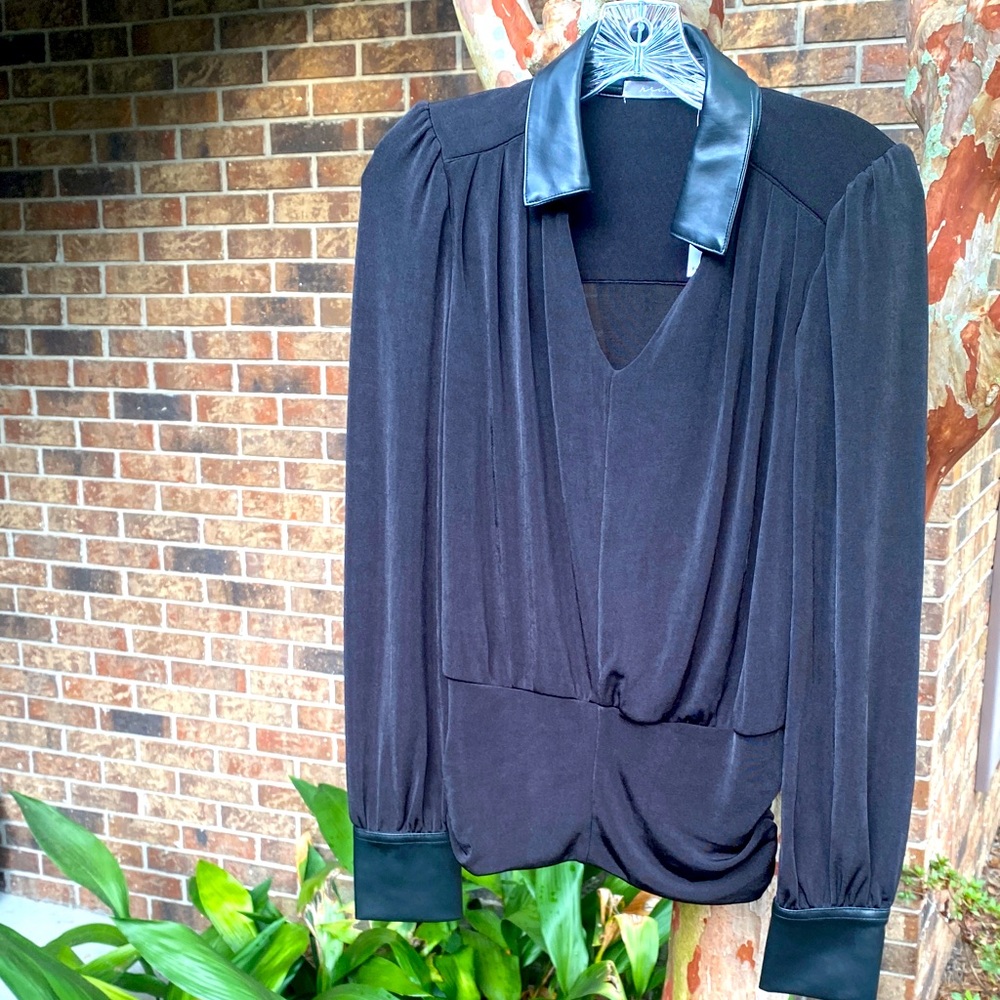 Buckle Black Long-Sleeve Draped V-Neck Top with Faux Leather Collar🖤🖤